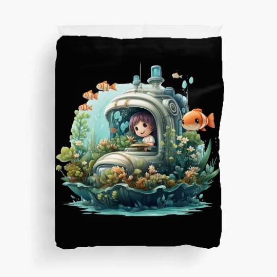 A delightful kawaii book submarine exploring Duvet Covers