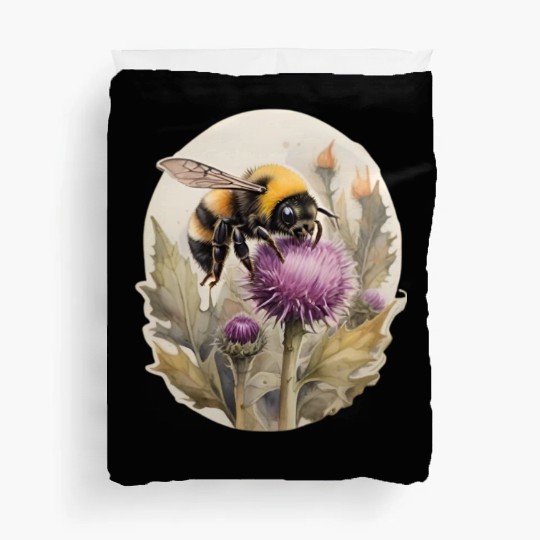 Bumblebee on thistle watercolor Duvet Covers