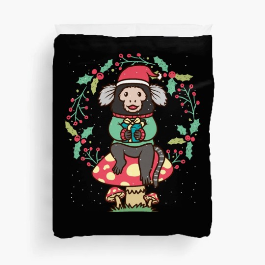 Marmoset Monkey On Mushroom Christmas Wreath Duvet Covers