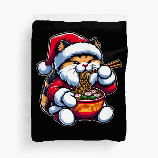 Cute Cat as Santa Eating Ramen on Christmas Duvet Covers