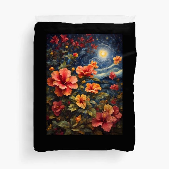 Colorful Hibiscus Under Starry Night Sky Duvet Covers