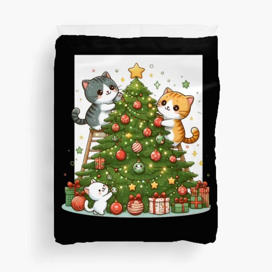Kittens decorate a Christmas tree Duvet Covers