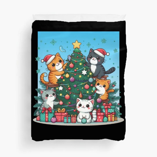 Kittens decorate a Christmas tree Duvet Covers