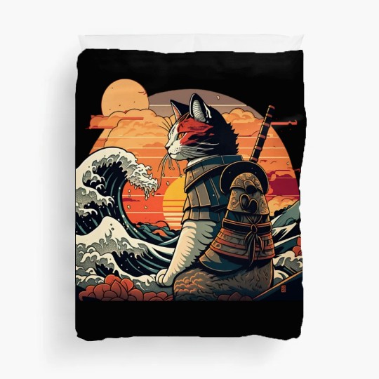 Samurai Cat vs The Great Wave Duvet Covers