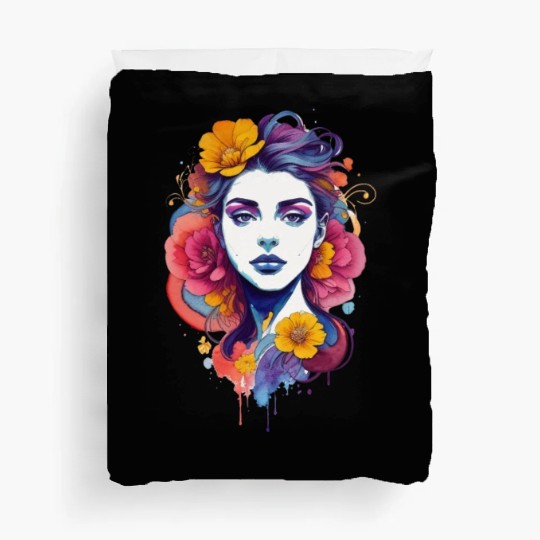 Stylish, bright art. Girl with flowers in her hair Duvet Covers