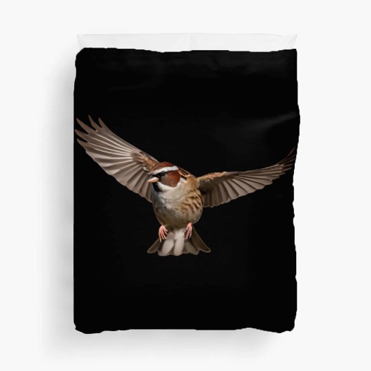 A close-up photo of a cute sparrow bird. Duvet Covers