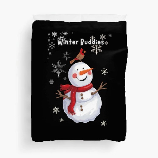 Winter Buddies snowman and bird Duvet Covers