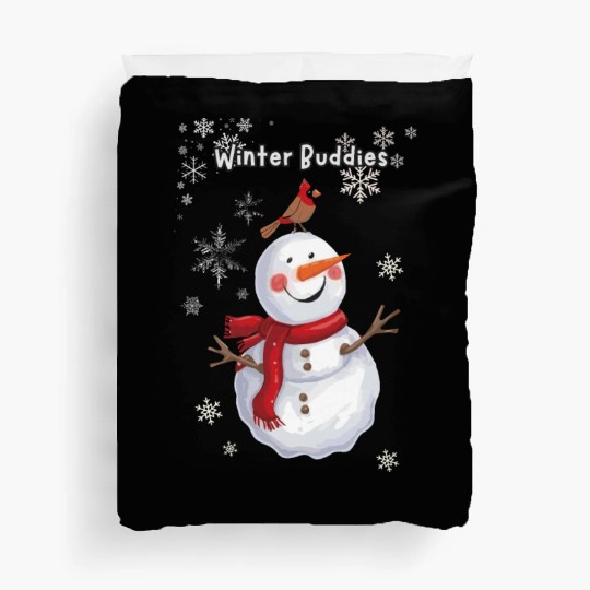 Winter Buddies snowman and bird Duvet Covers