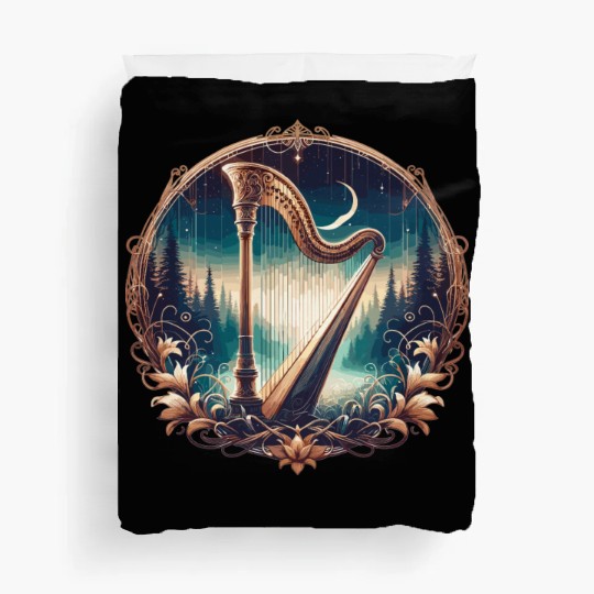 Harp in front of a fantasy forest Duvet Covers