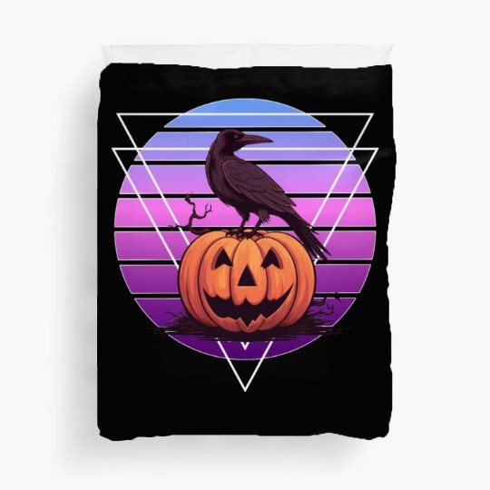 Raven Crow On Pumpkin Vaporwave Halloween Pagan Ae Duvet Covers