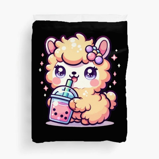 Kawaii Llama Sips Bubble Tea Cute Llama Boba Tea Duvet Covers