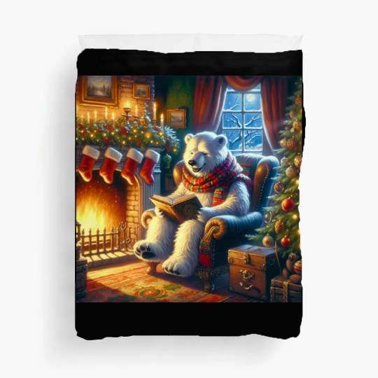 Winter Tales-Merry Cozy Bear Reading by Fireplace Duvet Covers