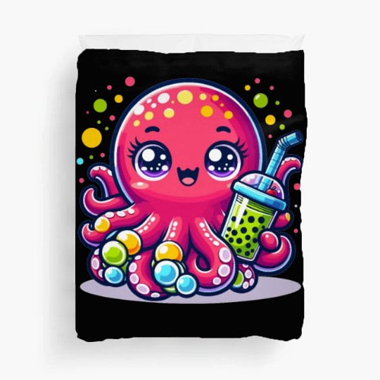 Kawaii Octopus With Bubble Tea Sea Ocean Boba Tea Duvet Covers