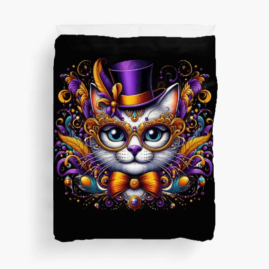 Mardi Gras cat with hat and glasses Duvet Covers