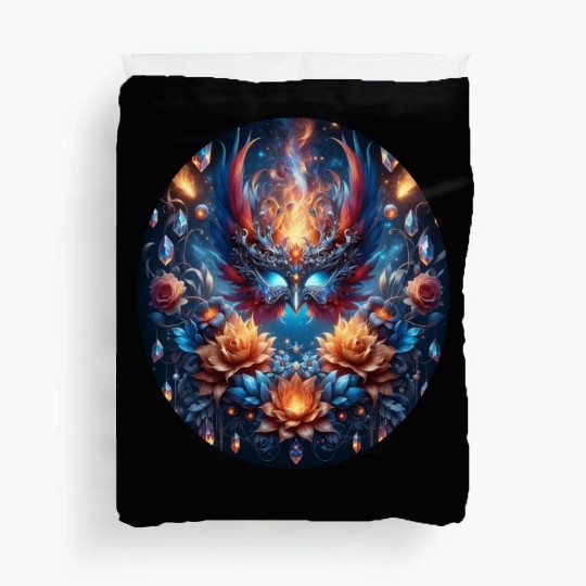 Phoenix Rebirth in Cosmic Bloom Duvet Covers