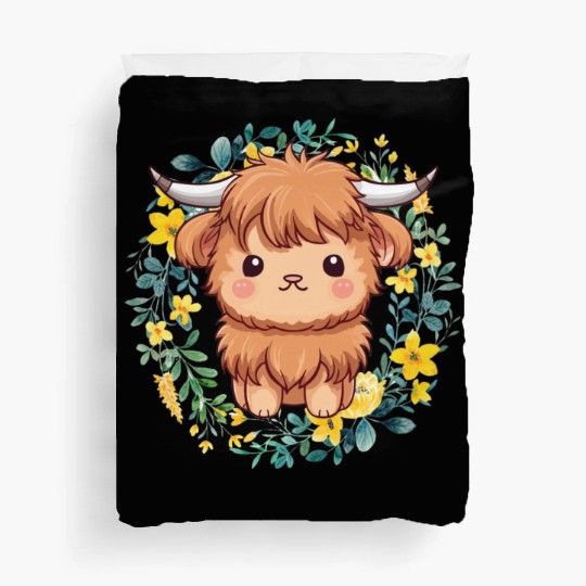 Cute Baby Highland Cow With flowers Calf Animal Duvet Covers