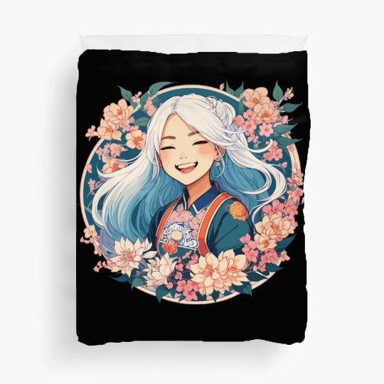 Happy Smile Pretty Japanese Anime Girl with Flower Duvet Covers