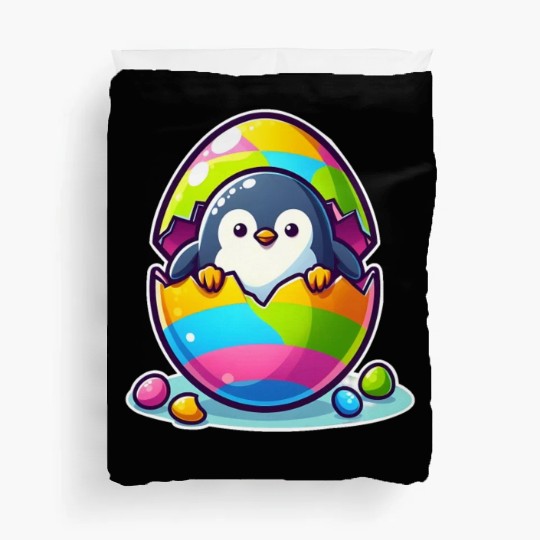 Penguin hatches from colorful Easter egg Duvet Covers