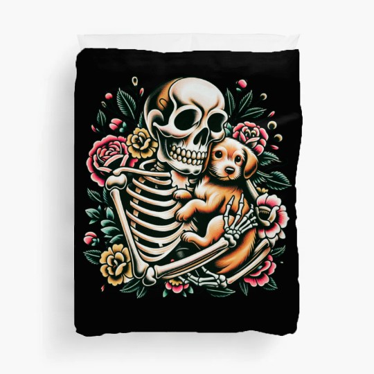 Skeleton Cute Puppy Dog Floral Old School Vintage Duvet Covers