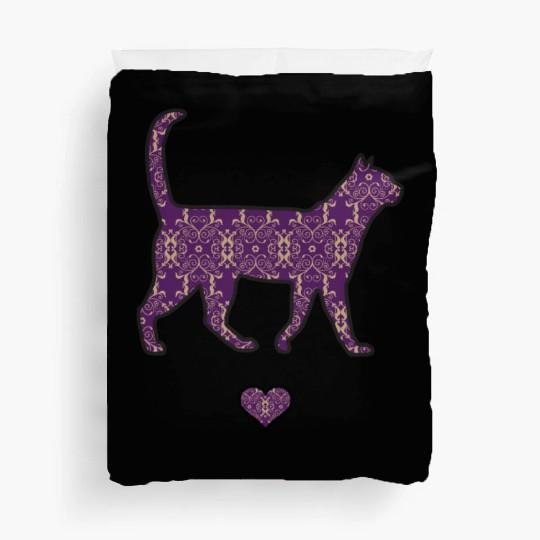 Purple Cat Damask Style Love Heart Cute Silhouette Duvet Covers