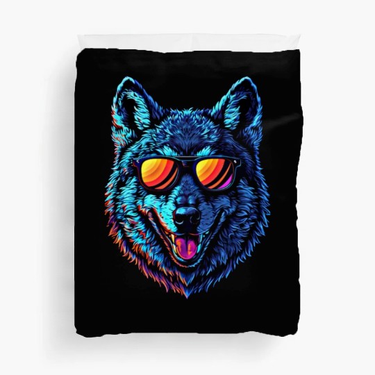 Cool Wolf Face Blue Wolf Wearing Sunglasses Duvet Covers