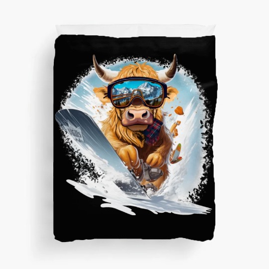 Winter sports, Highland Cow Snowboarding Duvet Covers