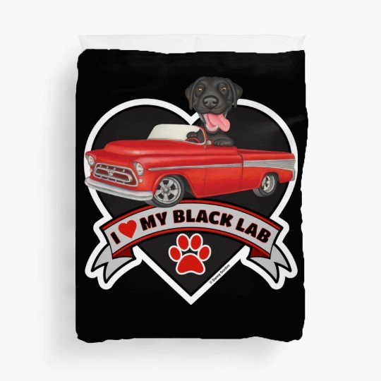 Cute black lab in classic truck inside a heart Duvet Covers