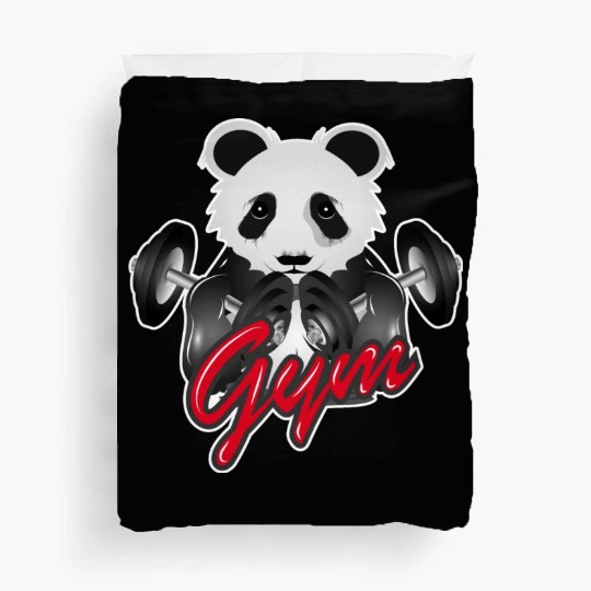 Bodybuilder panda bear with barbell in gym Duvet Covers