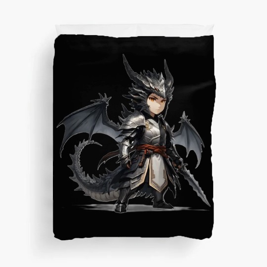 Chibi dragonwarrior Pose in Full armor Duvet Covers