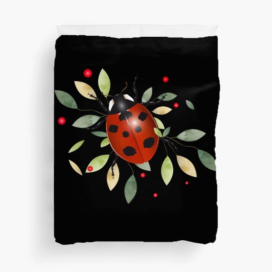 red glowing ladybug with green leaves Duvet Covers