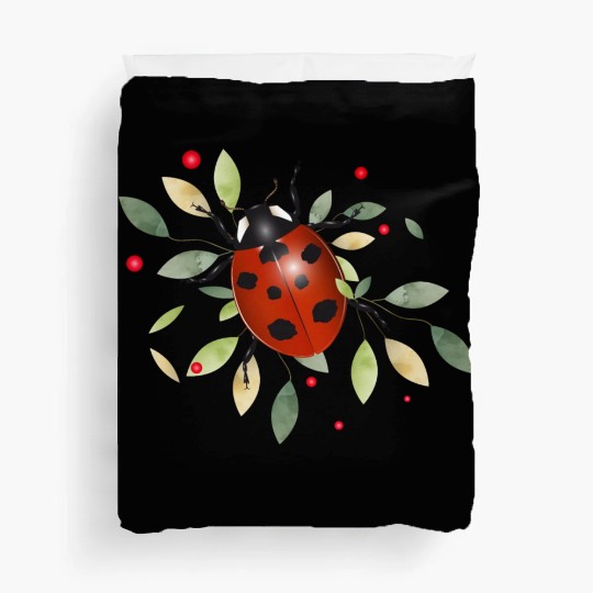 red glowing ladybug with green leaves Duvet Covers