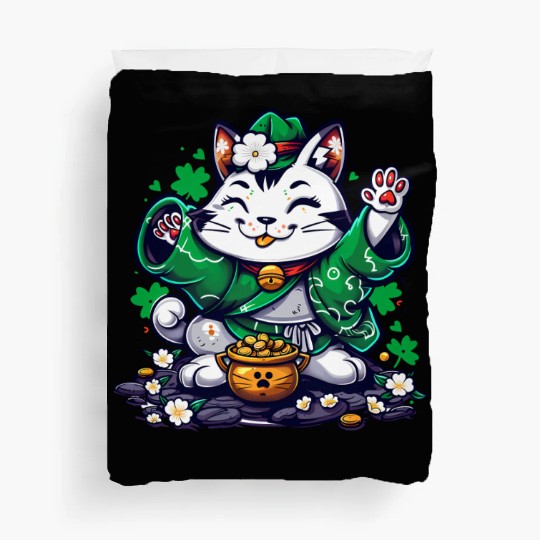 Kawaii St Patricks Day Cat With a Pot Of Gold Duvet Covers