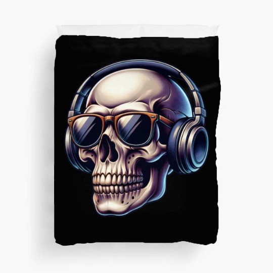 skull wearing headphone Duvet Covers