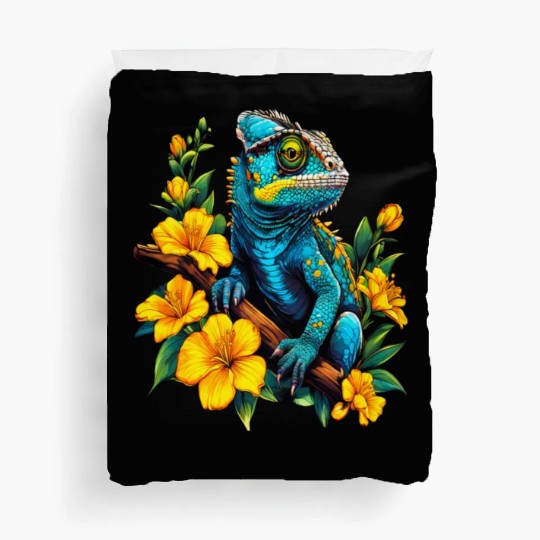 Chameleon on a Branch Surrounded by Flowers Duvet Covers