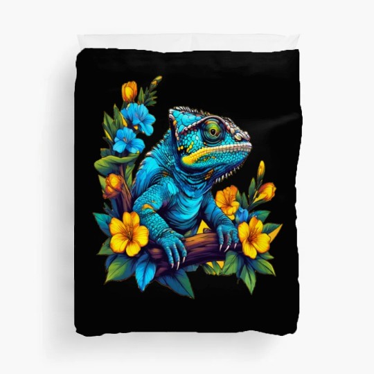 Chameleon Sitting on Branch Surrounded by Flowers Duvet Covers