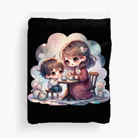 Mother and Son Enjoying a Cozy Tea Party Duvet Covers