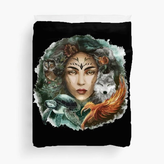 Wildlife Tribal Wolf Owl Turtle Woman for a Duvet Covers