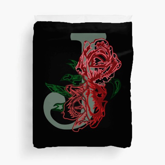 Capital letter J monogram and contour rose flowers Duvet Covers