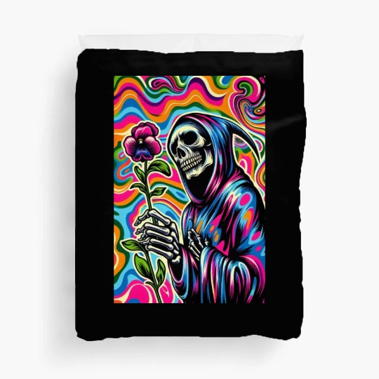 Psychedelic Grim Reaper Holding Sweet Pea Flower Duvet Covers
