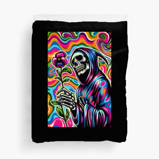 Psychedelic Grim Reaper Holding Sweet Pea Flower Duvet Covers