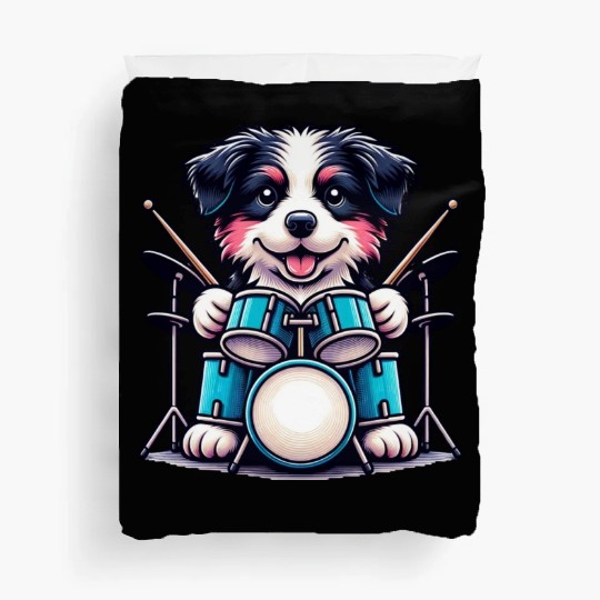 Cool Border Collie Drummer Puppy Design Duvet Covers