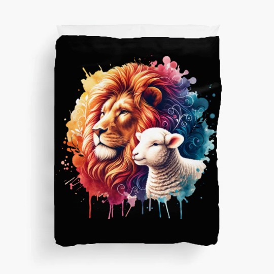 Lion and Lamb Christian Watercolor Design Duvet Covers