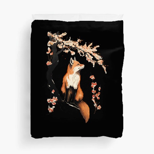 Fox & Sakura: Wildlife and Spring Scenery Cherry Duvet Covers