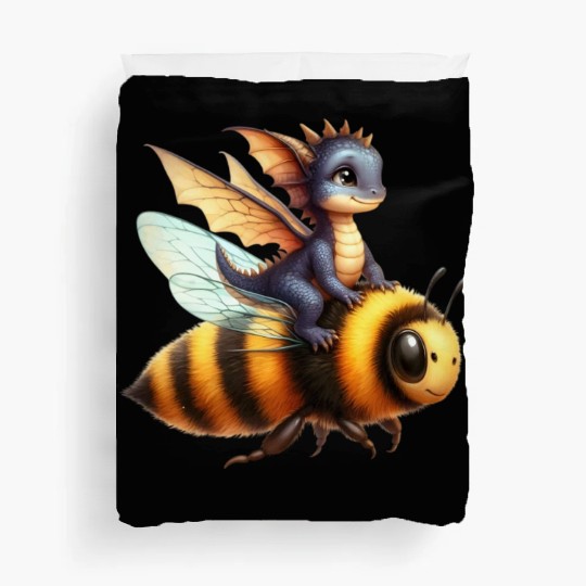 Fun Baby Dragon Riding a Bumble Bee Duvet Covers