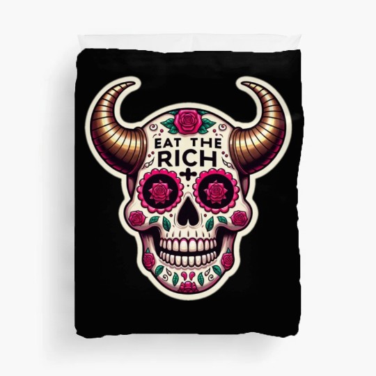 Horned Sugar Skull, eat the rich skull Duvet Covers