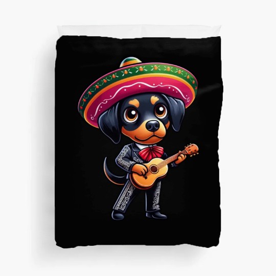 Doberman as Mariachi Guitarist Cinco de Mayo Duvet Covers