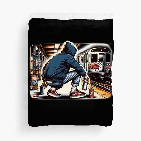 AI Teen in Subway Layup Underground- Masked Border Duvet Covers