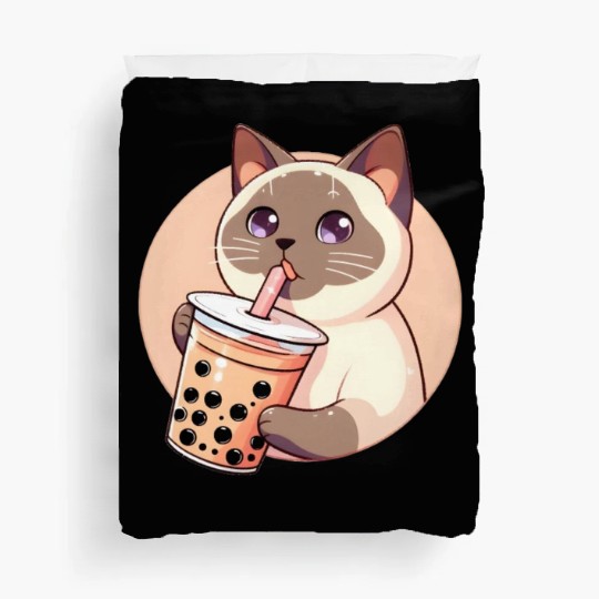 Siamese cat having bubble tea Duvet Covers