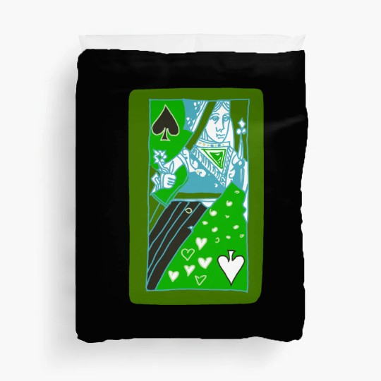 Green Queen of Spades Playing Card Duvet Covers
