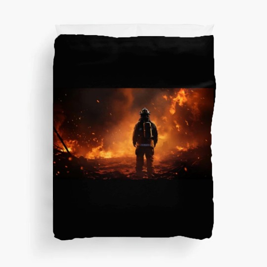 Firefighter in burning fire - Fire fighter head Duvet Covers